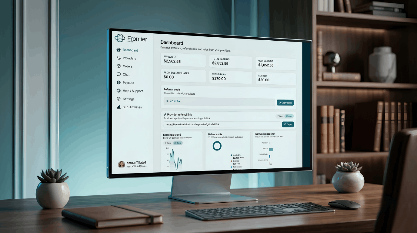 Frontier Biomed affiliate dashboard on a desktop display