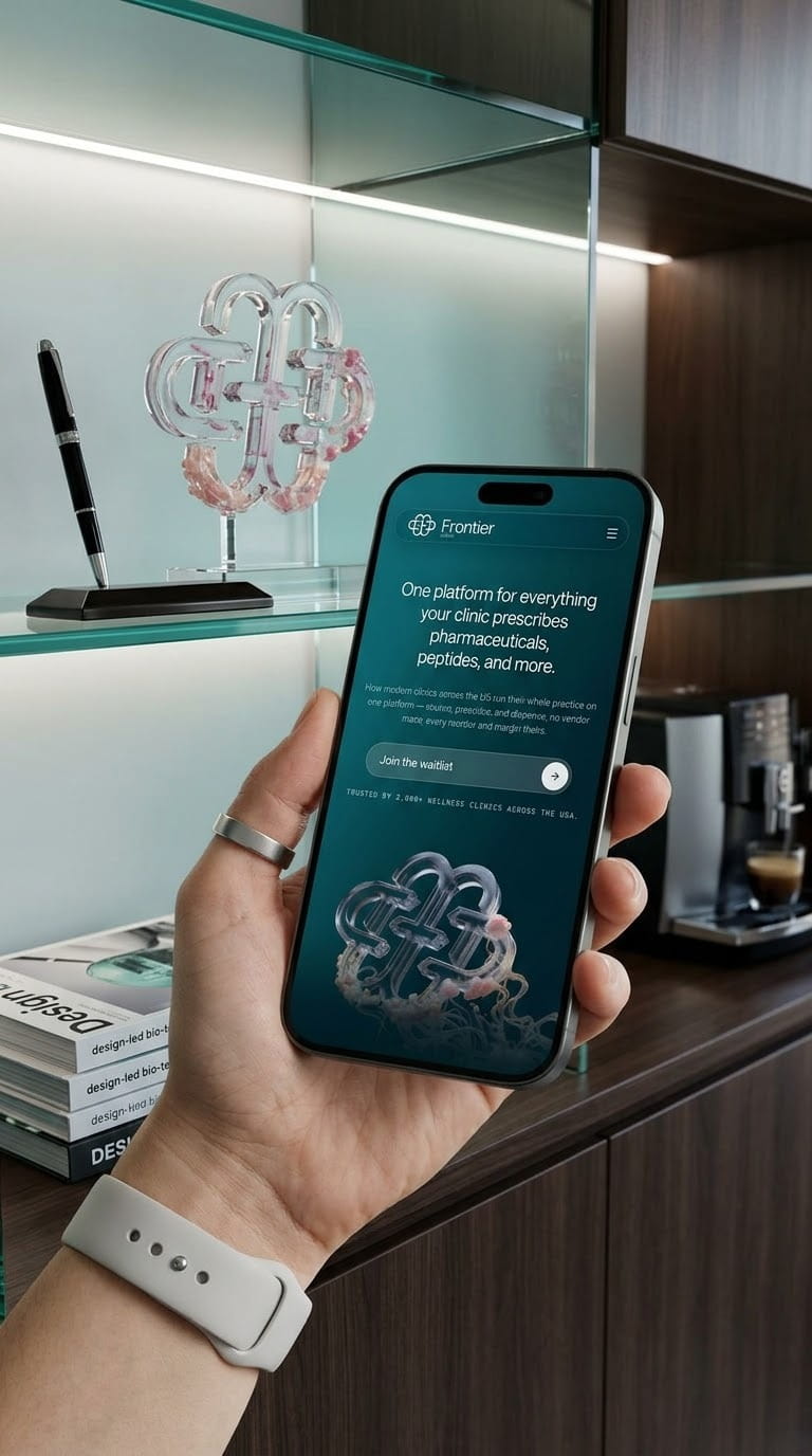 Frontier Biomed mobile site held in hand