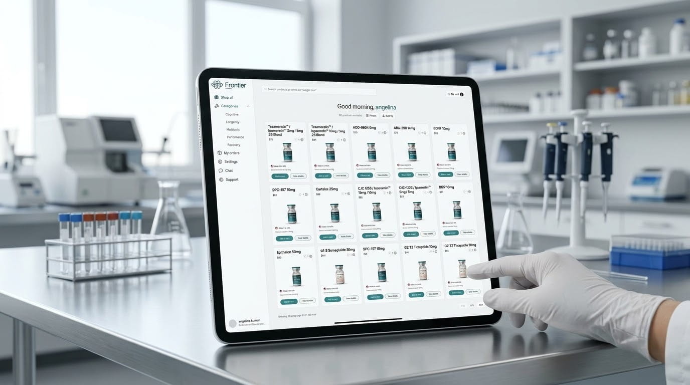Frontier Biomed peptide catalog on a tablet in a lab