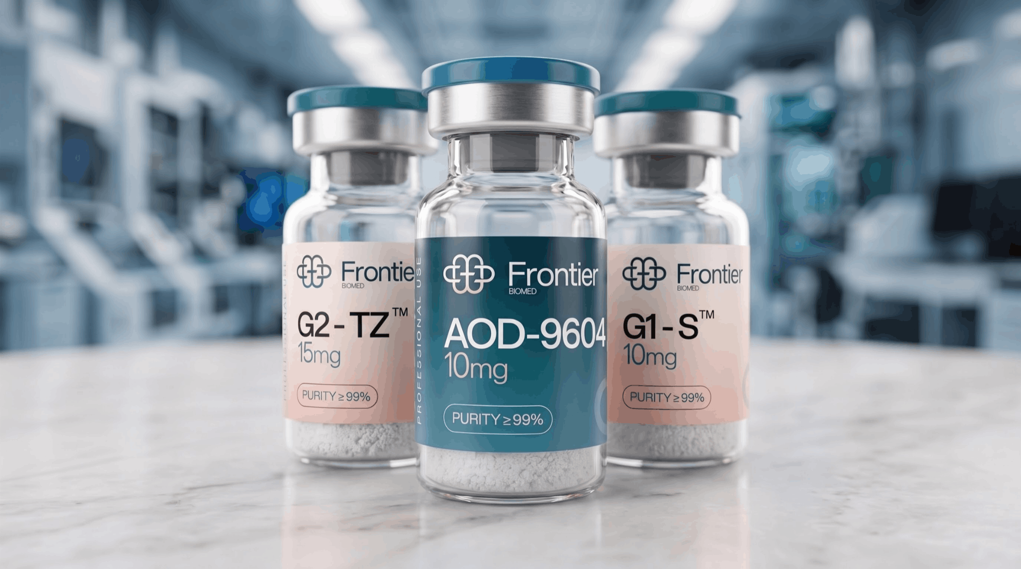 Frontier BioMed peptide vials, Tesamorelin, BPC-157, and DSIP