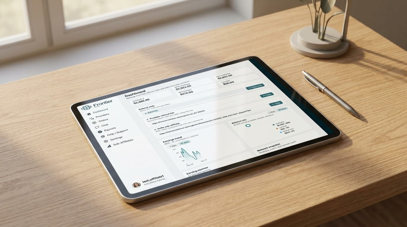Frontier Biomed affiliate dashboard on a tablet