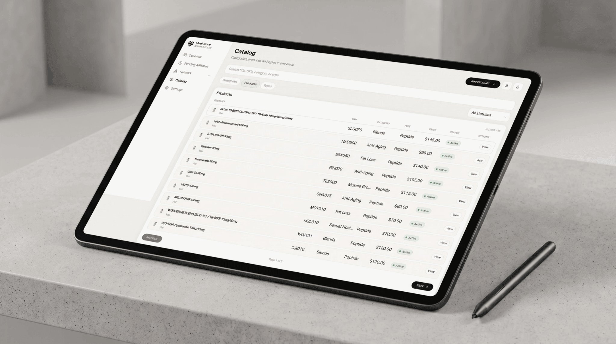 Medivance product catalog on a tablet